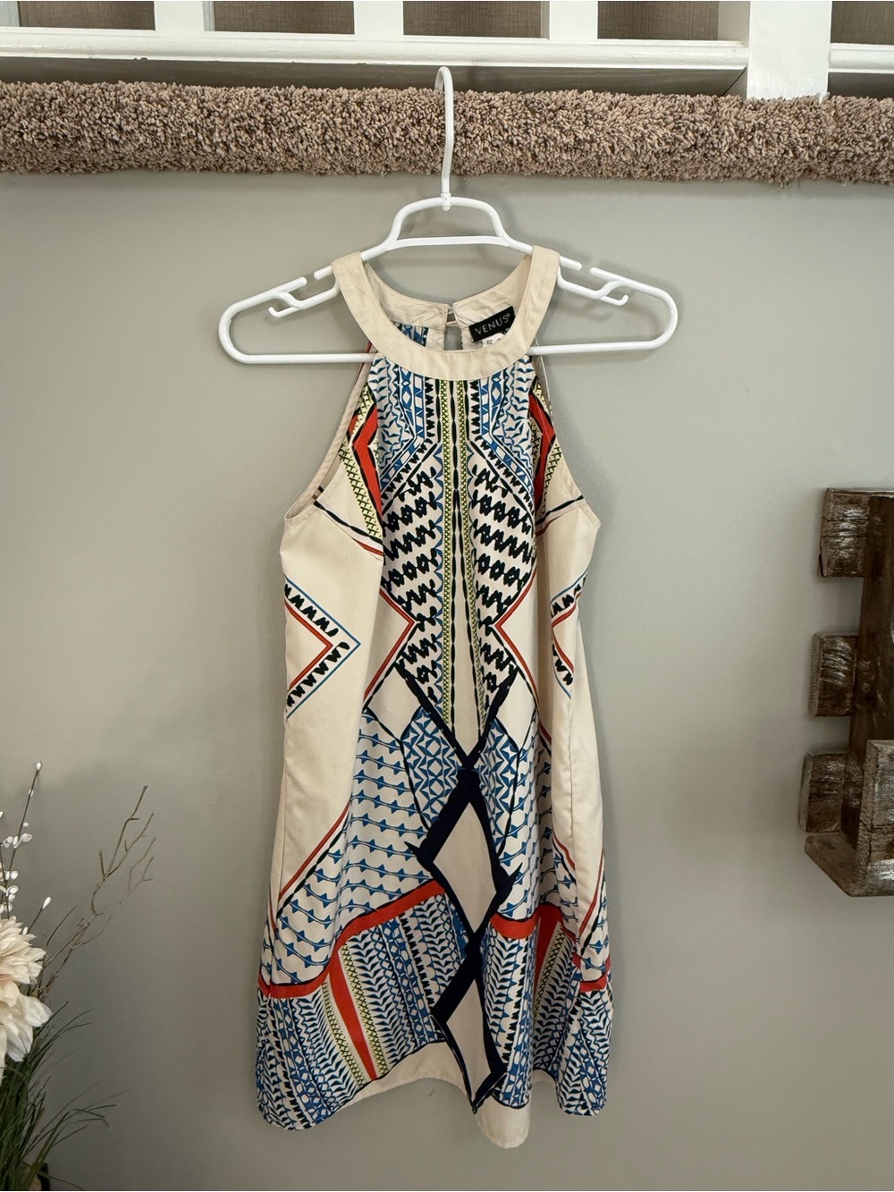 VENUS Cream Halter Mini Dress with Blue and Red Geometric Print